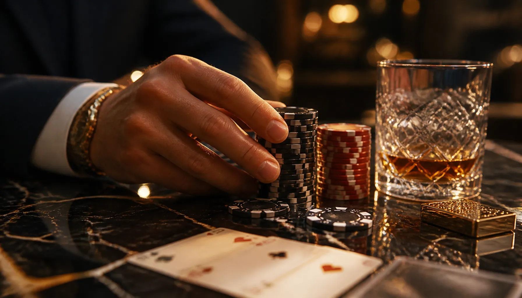 Ornate golden treasure chest overflowing with gleaming coins and jewels on a dark velvet surface with warm cinematic lighting