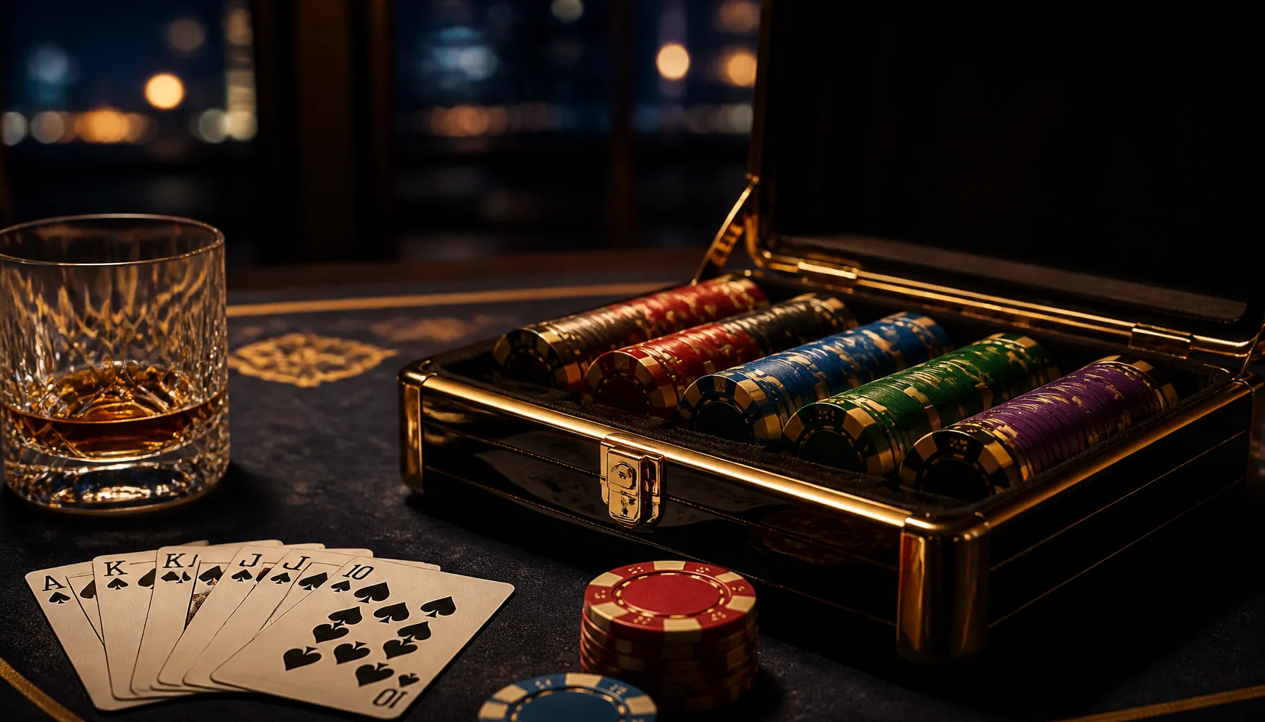 Ornate golden treasure chest overflowing with gleaming coins and jewels on a dark velvet surface with warm cinematic lighting
