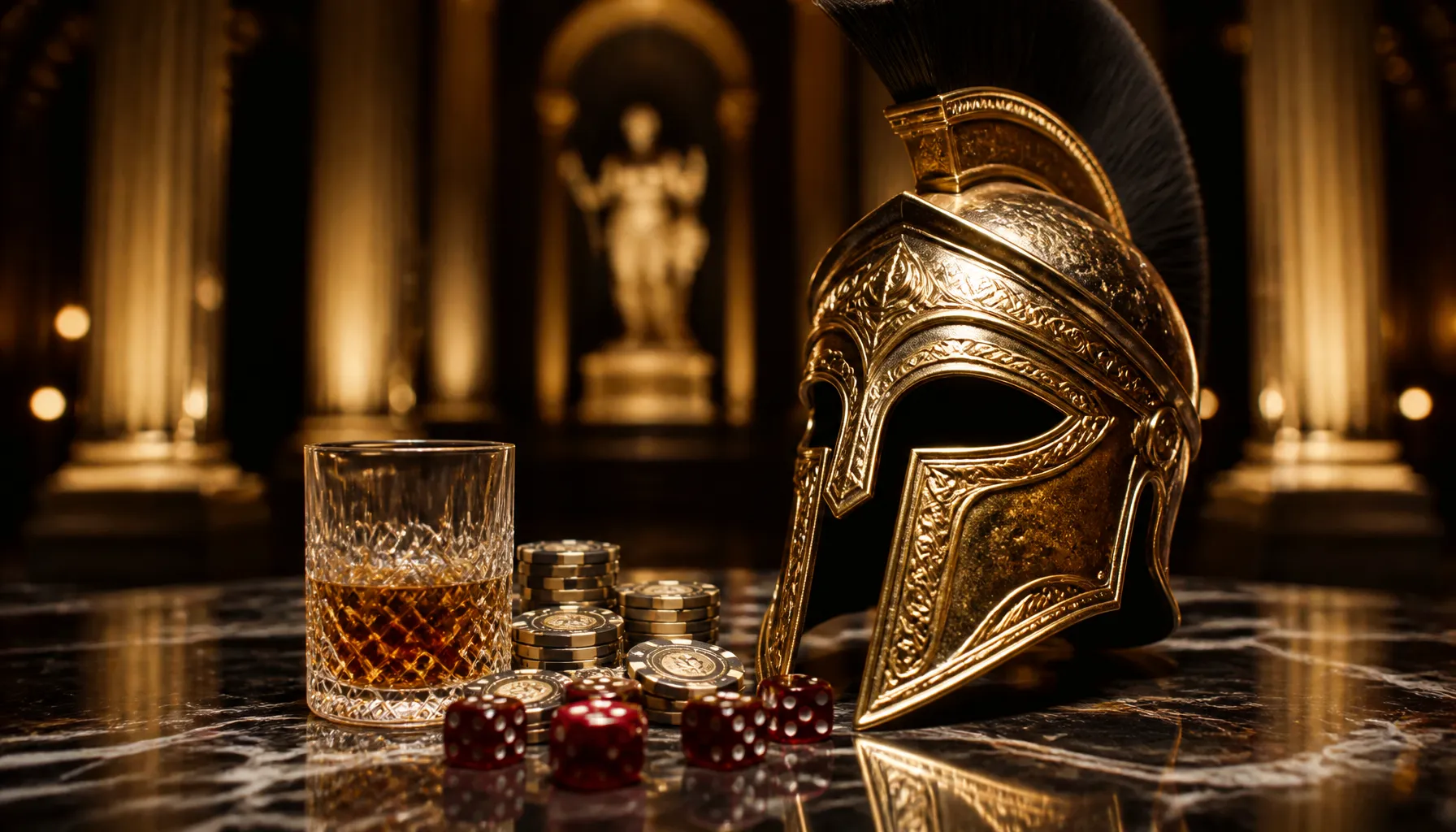Ornate golden treasure chest overflowing with gleaming coins and jewels on a dark velvet surface with warm cinematic lighting